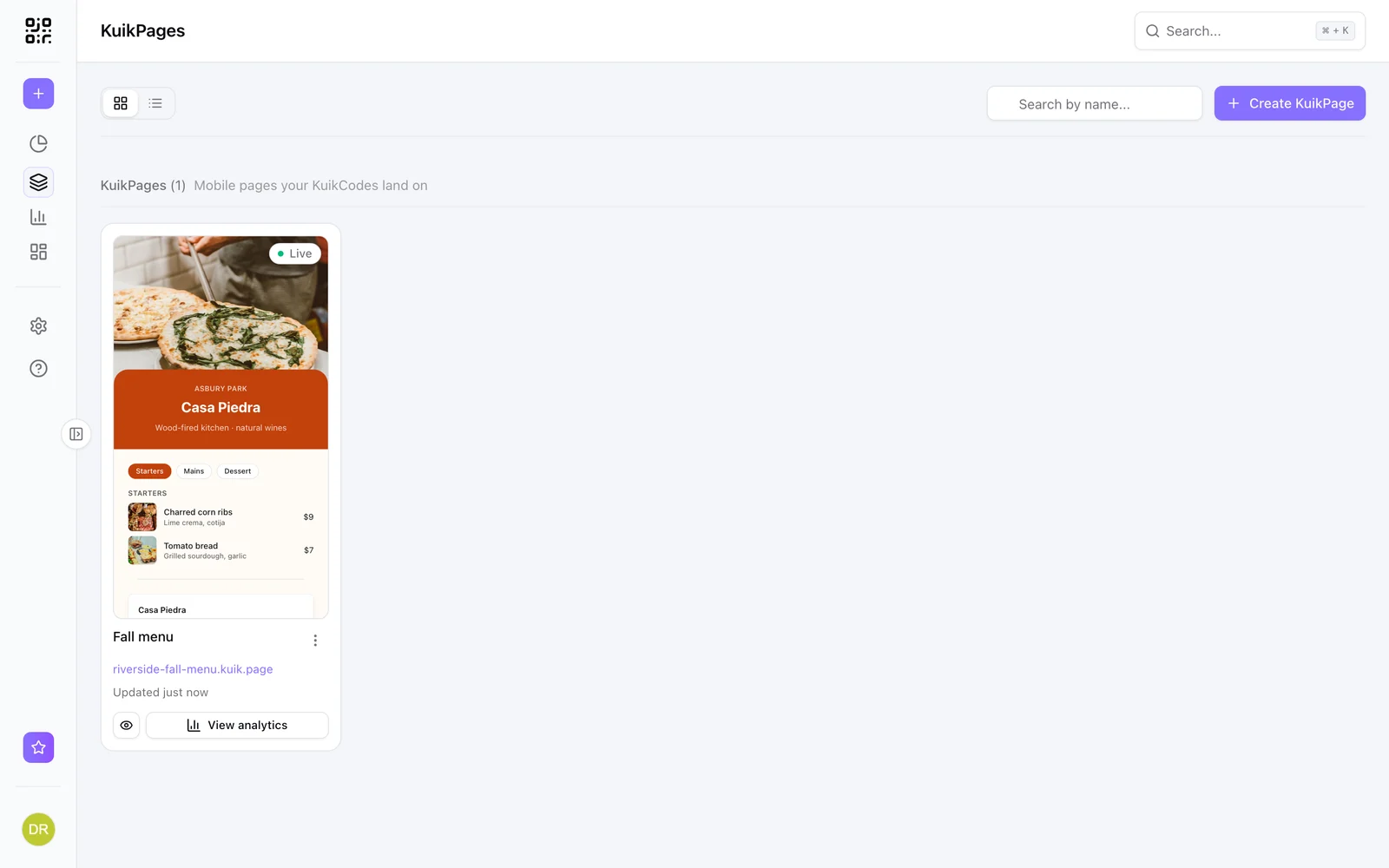 The KuikPages collection with a live page