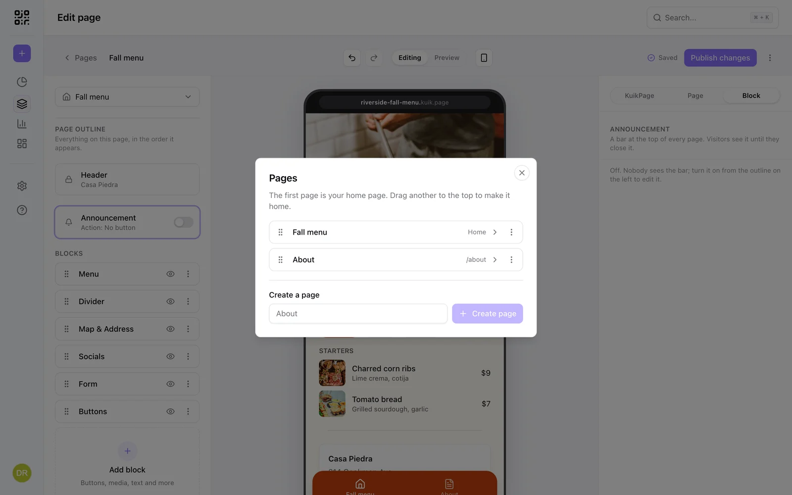 The Pages dialog: Fall menu as home, an About page, and the Create a page field