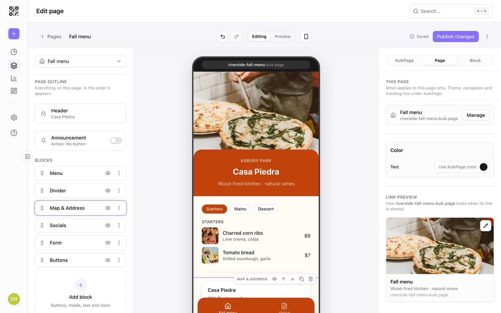 The Page scope: this page's name and address, its text color and link preview
