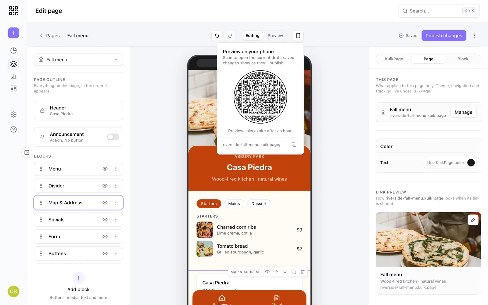 Preview on your phone: a QR code that opens the draft