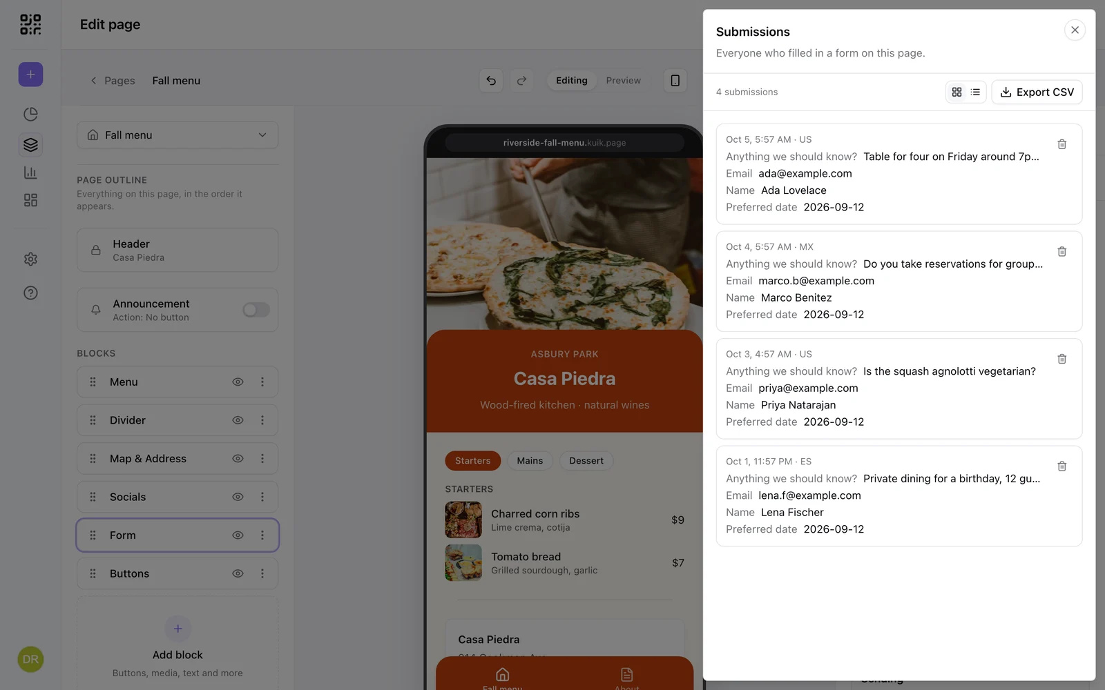 The Submissions sheet with the leads a form collected