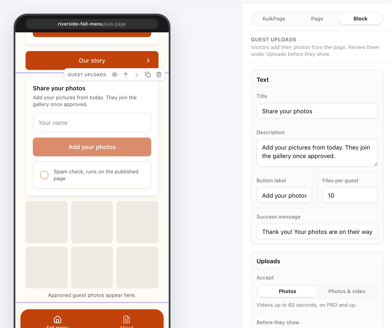 The Guest uploads block on the canvas with its inspector: texts, accepted media, review setting and the date window