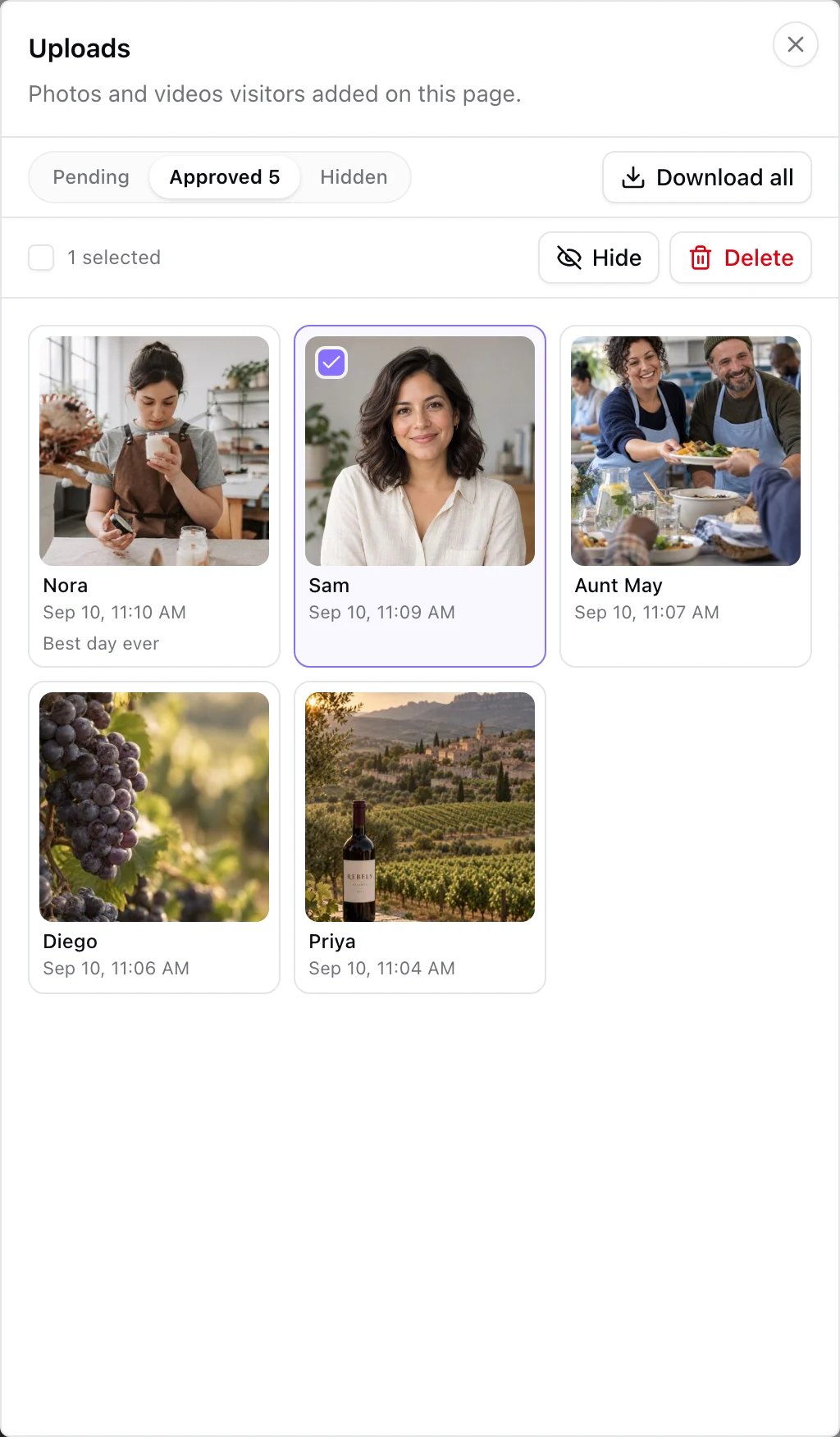 The Uploads sheet on the Approved tab: photo tiles with the guest's name and time, one selected, and the Hide, Delete and Download all controls