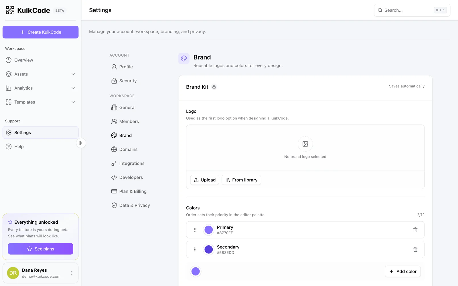 Settings, Brand: the Brand Kit