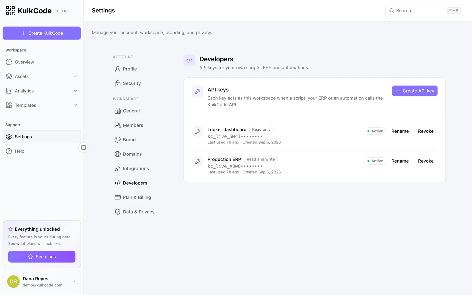 Settings, Developers: the API keys card