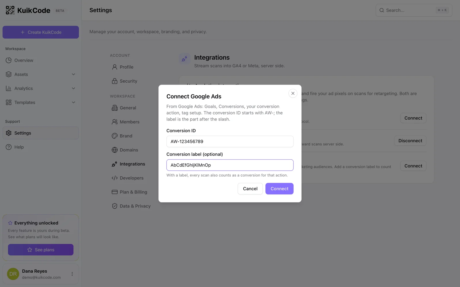 Connect Google Ads: conversion ID and optional conversion label