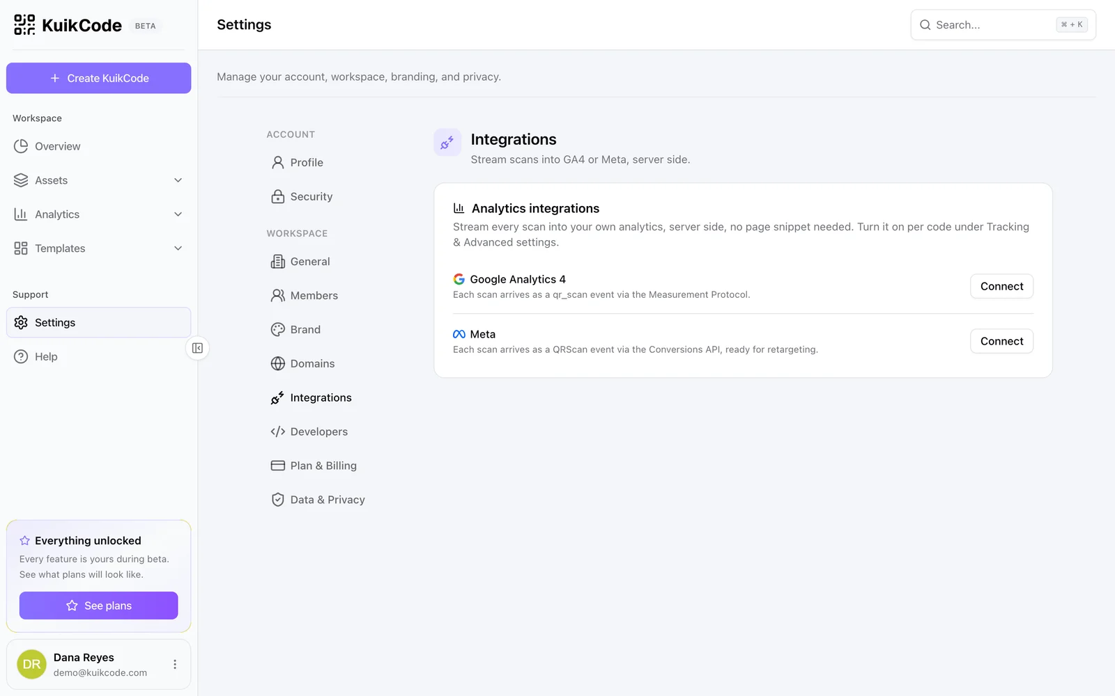 Settings, Integrations: Google Analytics 4 and Meta