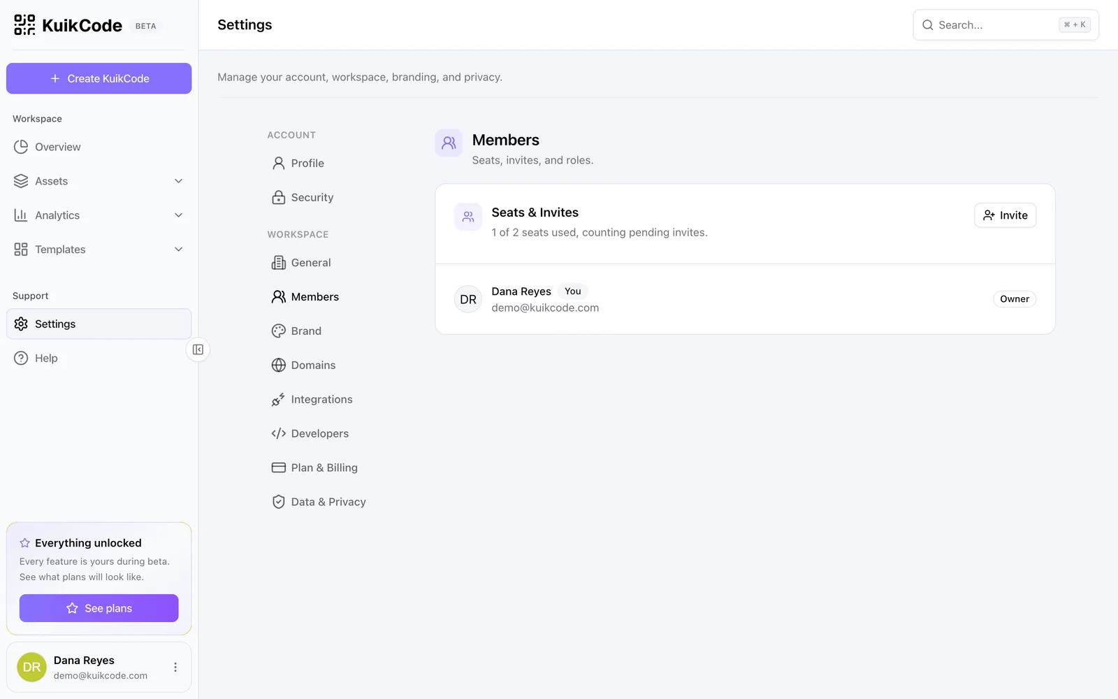 Settings, Members: seats and invites