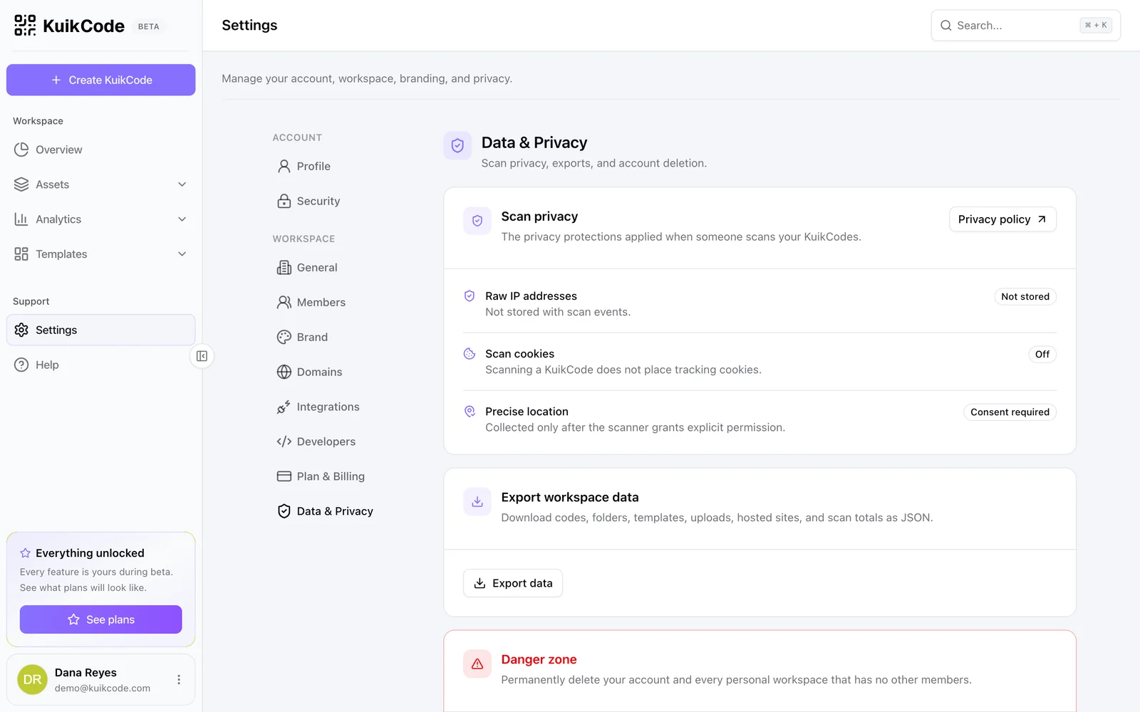 Settings, Data & Privacy