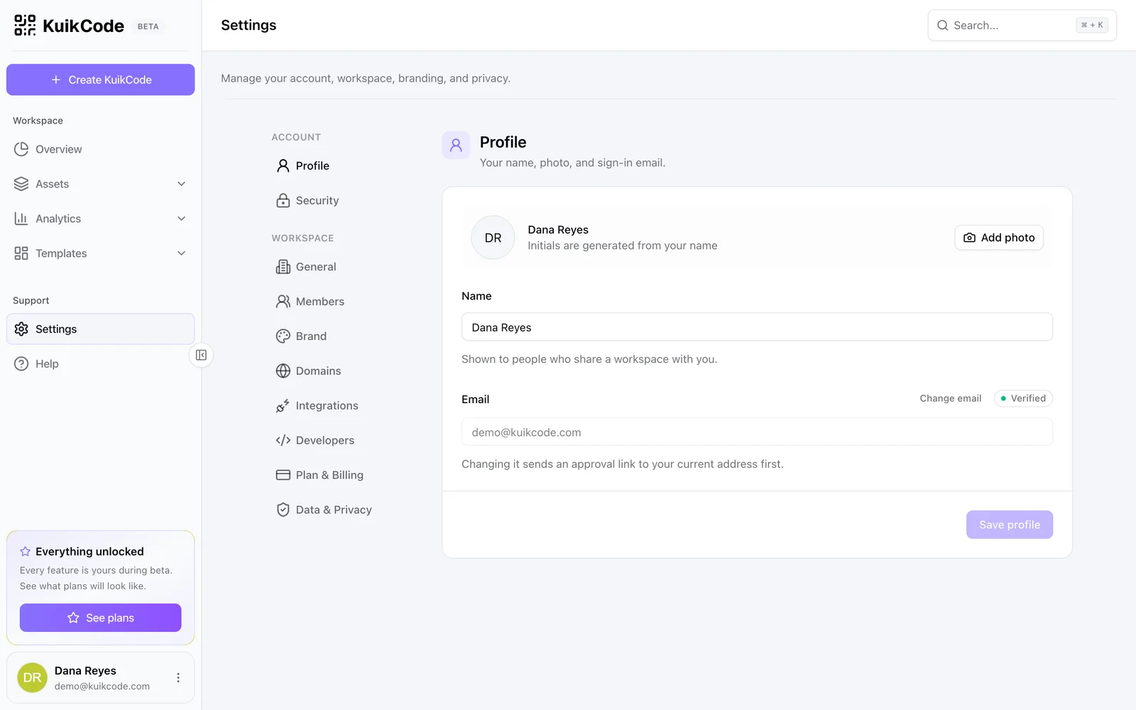 Settings, Profile