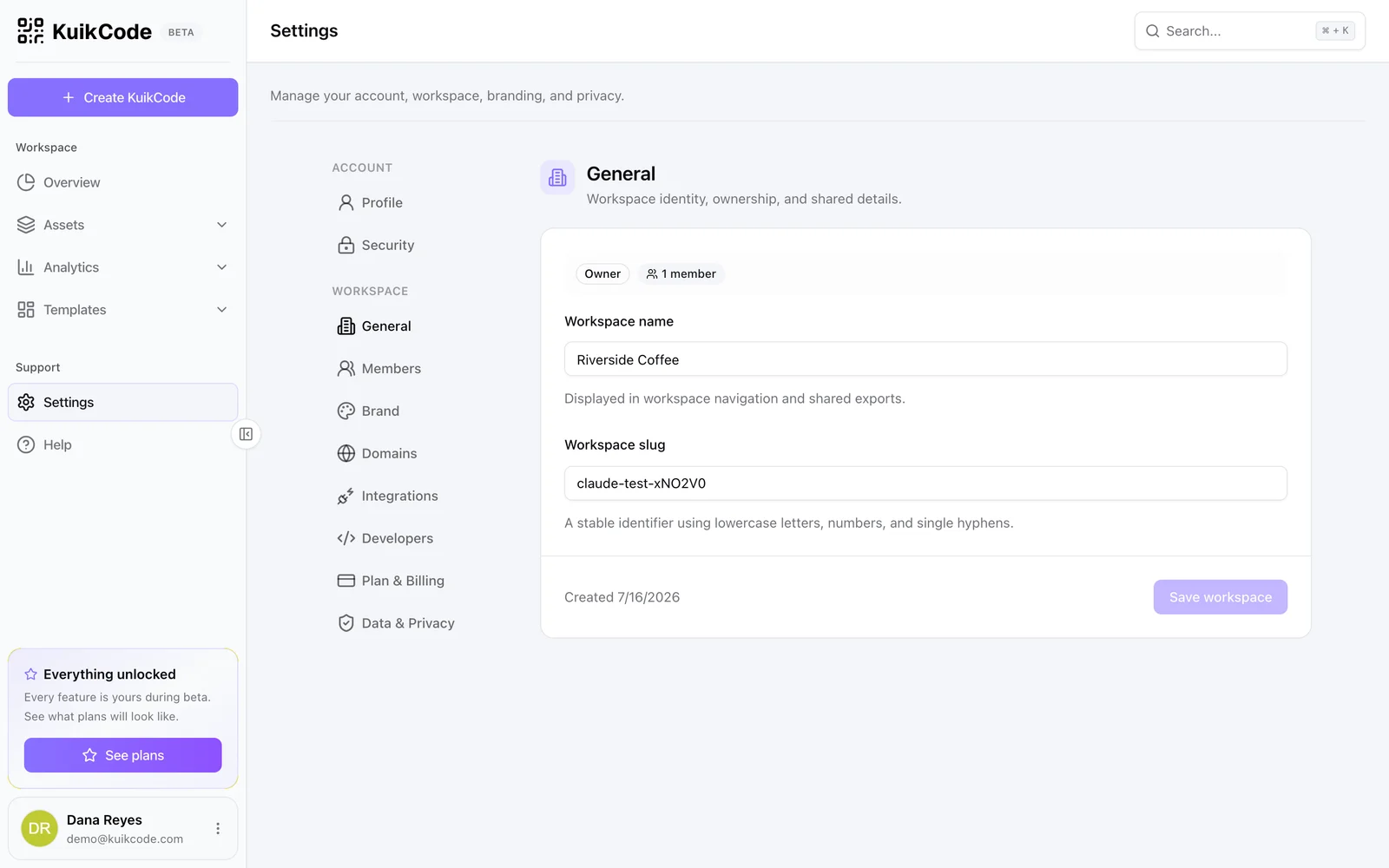Settings, General: workspace name and slug