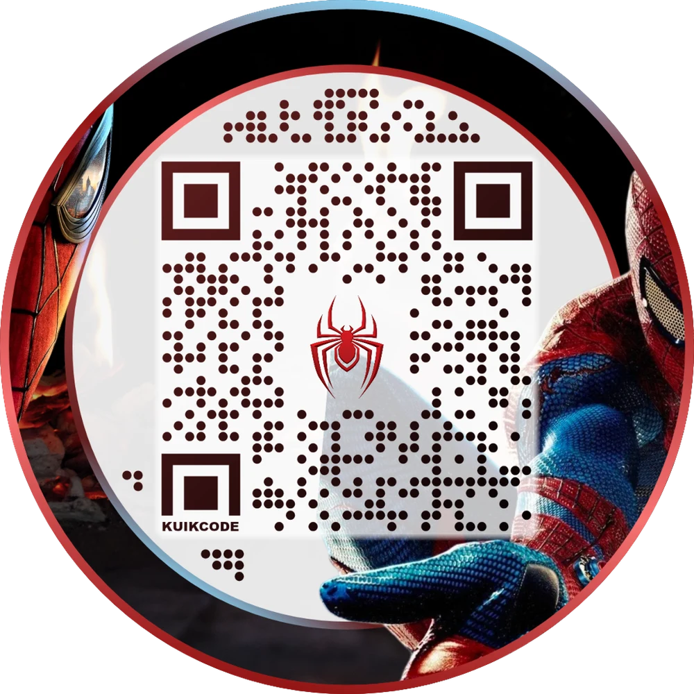 La plantilla terminada: la foto en el marco, la figura recortada como sticker que cruza el código sobre un fondo, y el logo de la araña en el centro