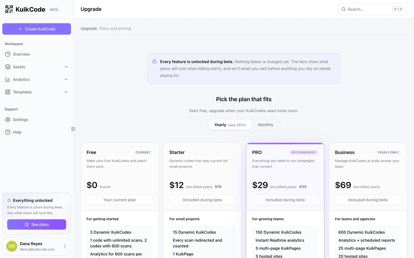 The plan comparison page in the dashboard