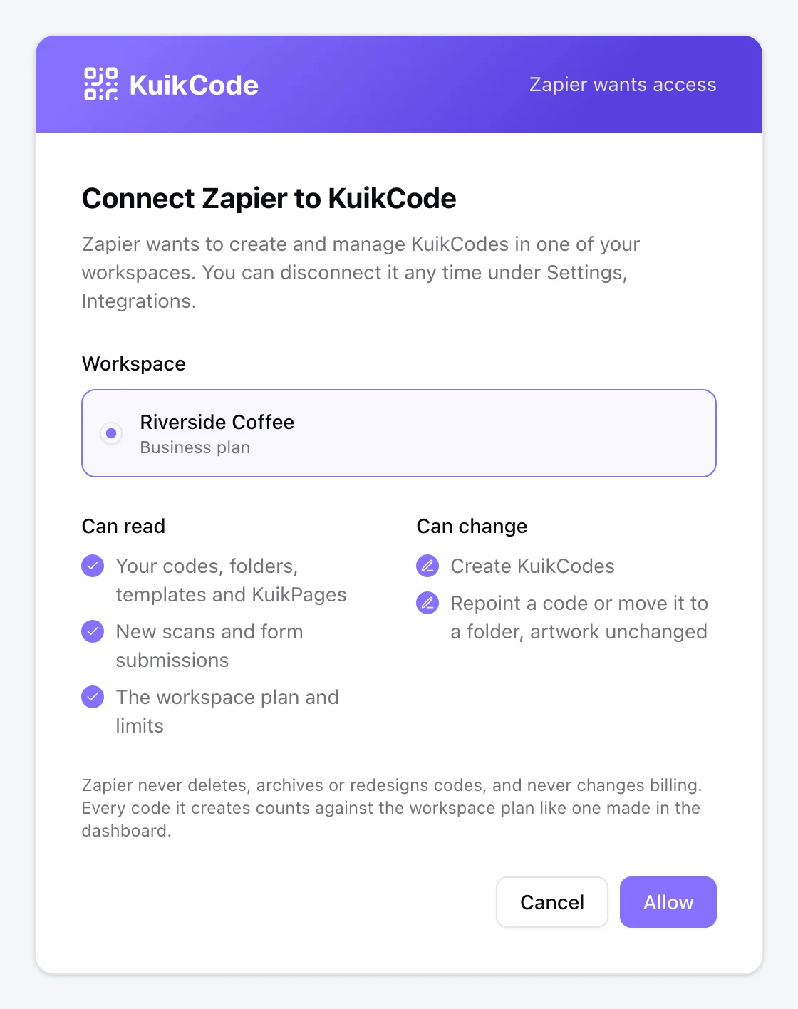 The KuikCode consent screen for Zapier: the workspace to connect, what Zapier can read and change, Cancel and Allow